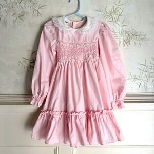 Vintage Polly Flinders Girls Smocked Dress 5 Pink Peter Pan Collar Ruffle 70s
